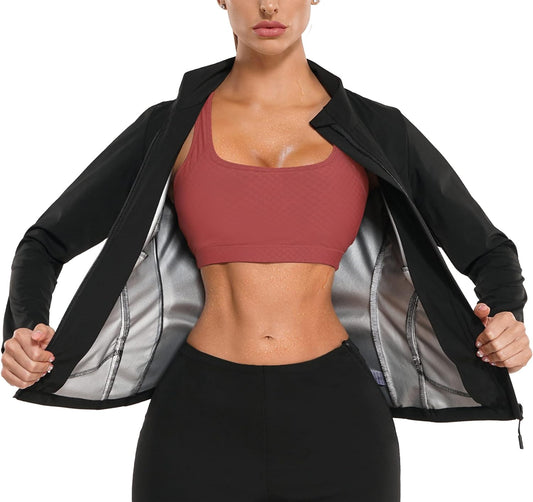 Sauna Suit for Women Waist Trainer Weight Loss Workout Jacket Slimming Body Shaper Long Sleeve Shirt with Zipper