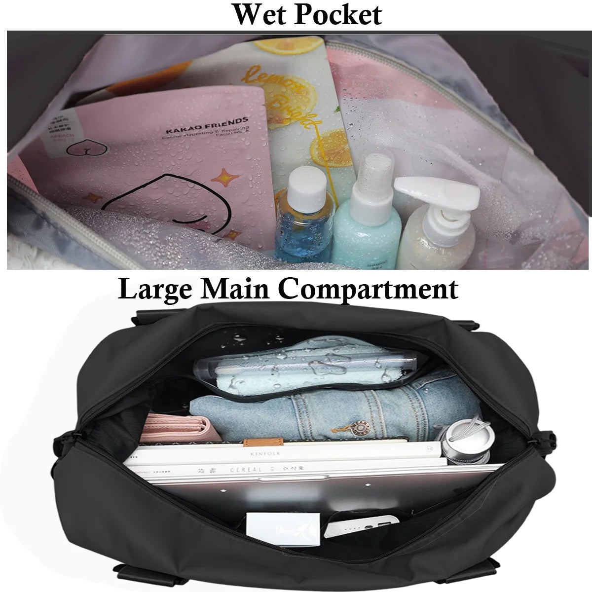 37L Travel Duffle Bag, Overnight Weekender for Women, Waterproof Sports Tote Gym Bag, Large Duffle Bag with Wet Pocket/Trolley Sleeve for Yoga Swimming, Airline Approved, Black