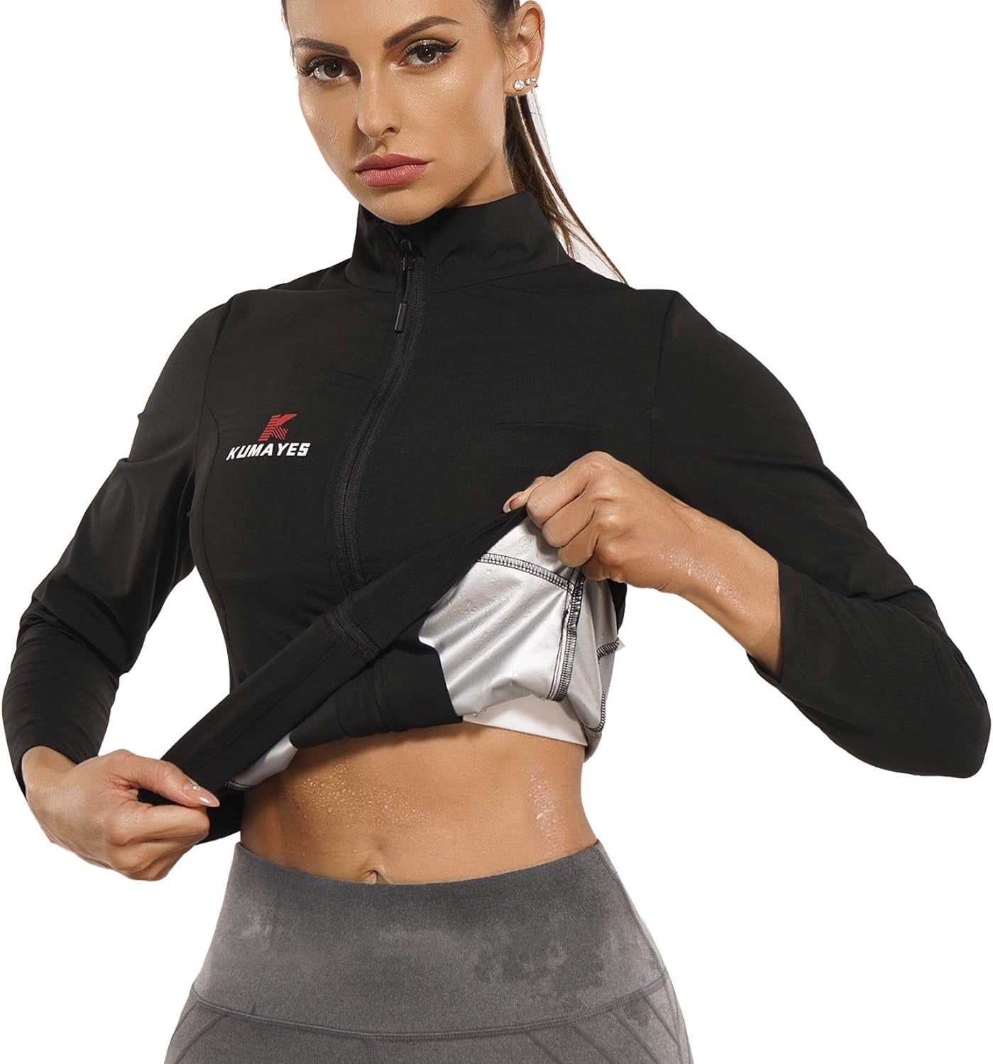 Sauna Suit for Women Waist Trainer Weight Loss Workout Jacket Slimming Body Shaper Long Sleeve Shirt with Zipper